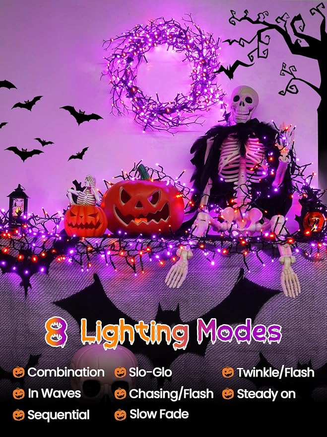 500 LED Orange and Purple Halloween Lights Plug in, Dimmable Twinkle Lights with Remote 8 Modes and Timer, 25FT Waterproof Fairy String Light for Indoor Outdoor Horror Party Tree Decorations