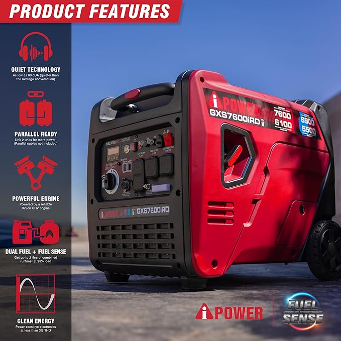 A-iPower 7600-Watt Dual Fuel Inverter Generator Remote Start, Power Supplies with 322cc OHV Engine, CO Sencsor, Gas and Propane Powered, for Backup Home Use, Tailgating, RV, Power Outages(GXS7600iRD)
