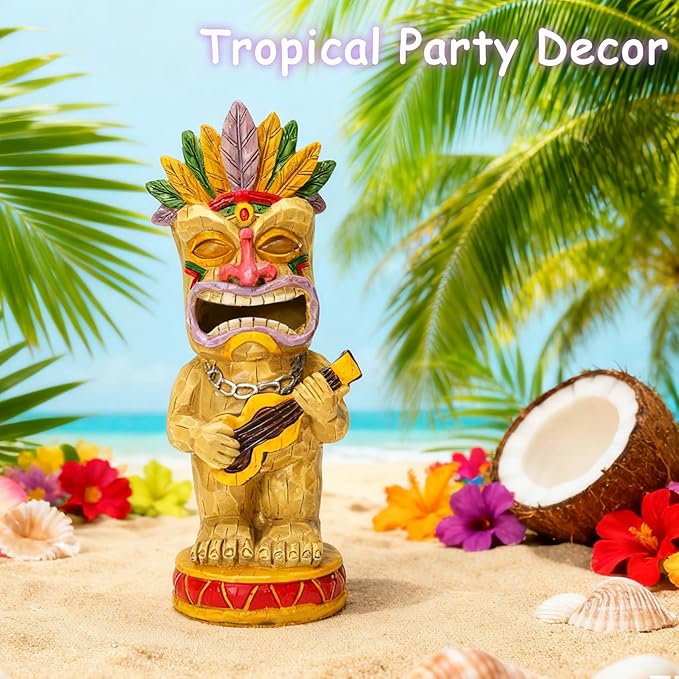Solar Tiki Garden Statue with LED Eyes Outdoor Resin Ukulele Player Yard Decor Solar Light Hawaiian Style Lawn Ornament for Patio Porch Lawn Tiki Bar or Tiki Lover Funny Gifts