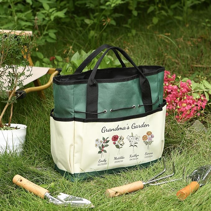 Personalized Garden Tools Set for Women: Custom Text Garden Tool Bag and Garden Shovel & Transplant Shovel & Hand Rake - Gardening Gifts for Mom Grandma Gardening Lover (4 Flowers)