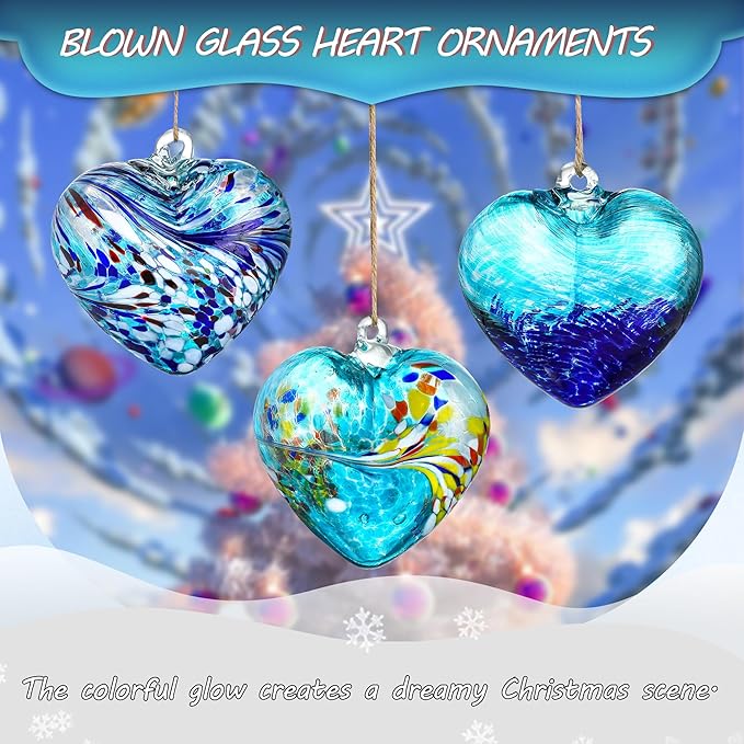 Set of 3 Handmade Glass Heart Ornaments 3.9 Inch Blue Friendship Heart Decor for Garden Home Centerpiece