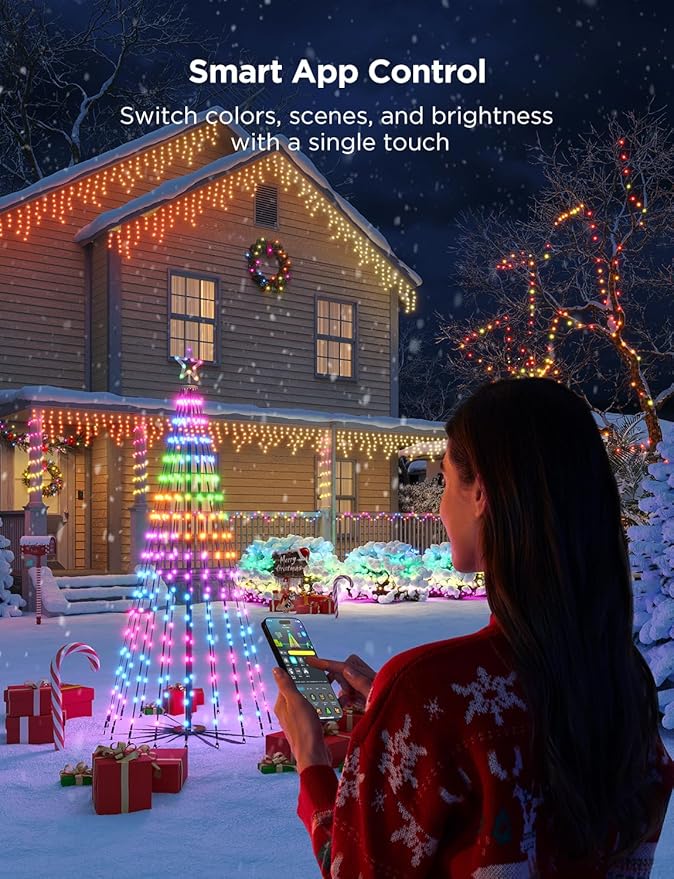 Govee Christmas Cone Tree Lights, 6ft 316 LEDs RGBIC Christmas Tree Lights with Smart App Control, IP67 Waterproof Outdoor String Lights for Xmas Decorations, 82+ Scene Modes, Music Sync, Black Stand