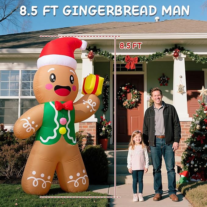 Christmas Inflatable Outdoor Decorations, 8.5 FT Gingerbread Large Blow Up Yard Decor with 3 LED Lights, Christmas Party Outdoor, Yard, Garden, Lawn Winter Decorations Ornaments