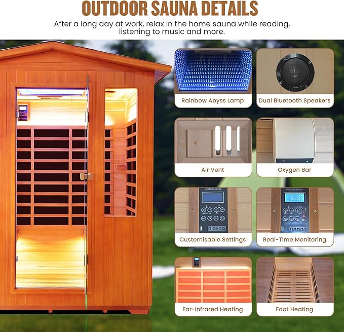 Outdoor 4 Person Sauna Far Infrared Saunas Dry Sauna Room Red Cedar and Canadian Hemlock Wood Wooden Sauna Spa 2600W 240V with 7 Color Light 62.2 * 46.8 * 81.9 inches