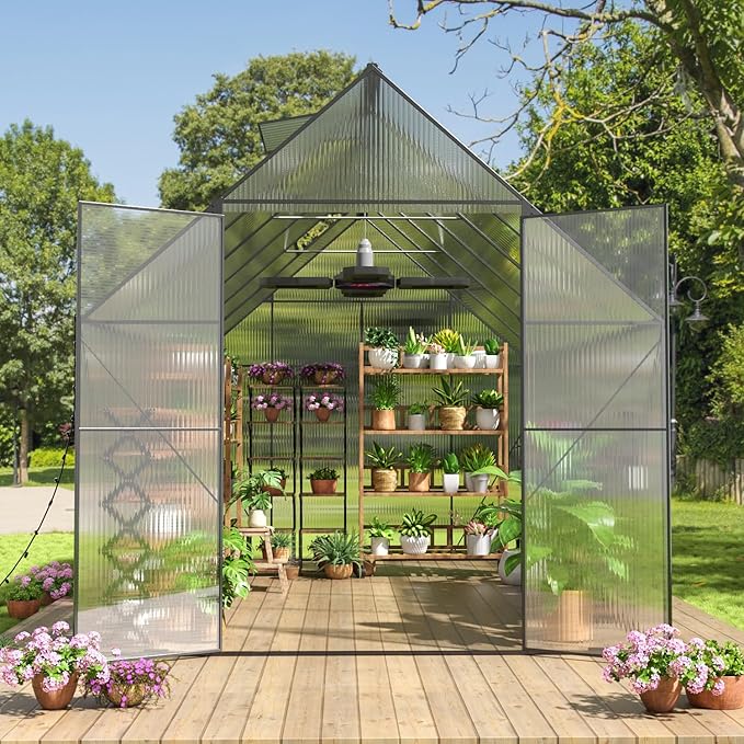 Favfurish 6x12 FT Greenhouses for Outdoors,Heavy Duty Polycarbonate Greenhouse,Lockable Walk-in Green House Sunroom w/ Adjustable Vent Window,Plant Grow Lights for Garden Plants Backyard Patio