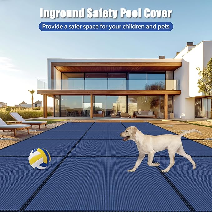 Inground Pool Cover Safety Fits Rectangle Swimming Pool, Mesh Solid Pool Cover for Inground Pools,Winter Pool Safety Cover Includes Safety Net and Installation Tools Blue (Blue, Fits 16x36ft Pools)
