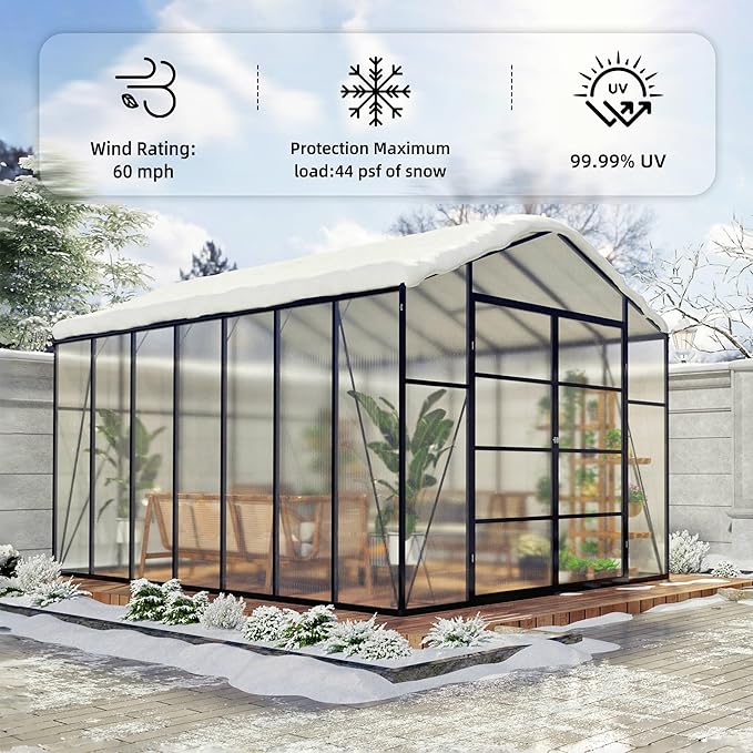 Greenhouse for Outdoors 8x10x7.8FT, Polycarbonate Greenhouse with Stronger Wind Protection and Roof Vent, Walk-in Large Aluminum Sunroom Winter Proof, Black
