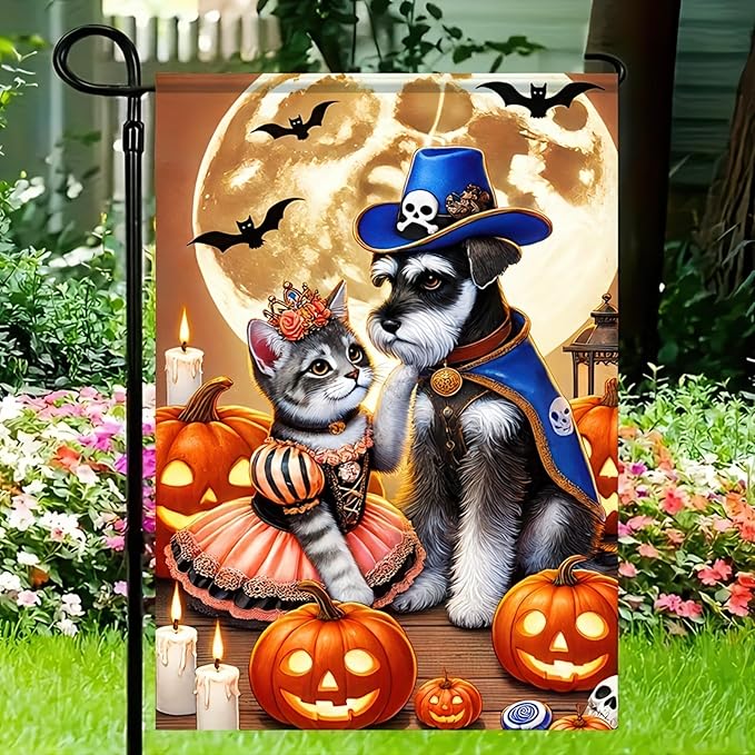 Halloween Garden Flag 12x18 Flag Dog Cat Flag Halloween Schnauzer Cat Fairy Pirate Costumes Pumpkins And Full Moon Cute Welcome Garden Flag Patio Lawn Farmhouse Outdoor Party Supplies