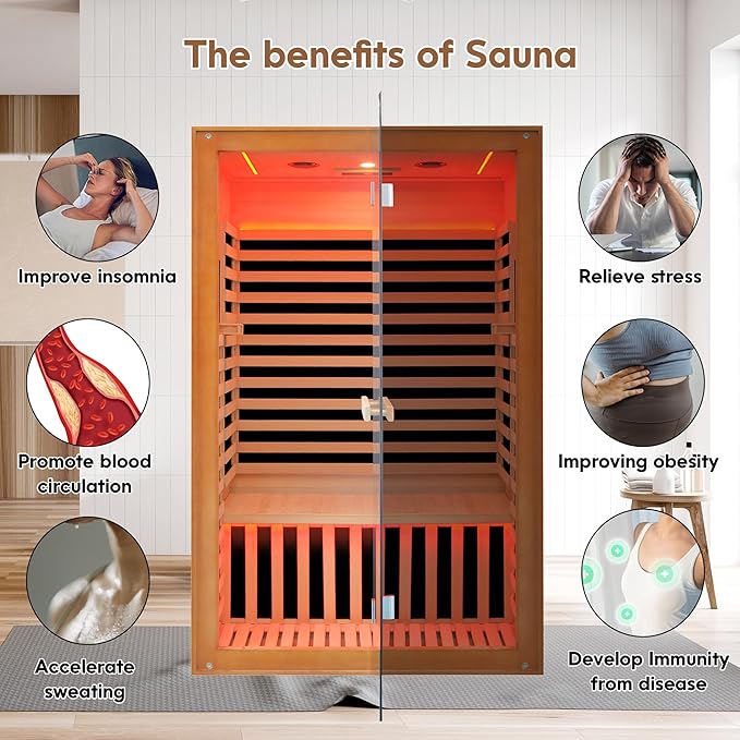 Far Infrared Sauna Home Sauna Indoor Sauna for 2 Person, 7 Color LED Dry Sauna Room with Low EMF 1950W for Home Gym, Canadian Hemlock Wood