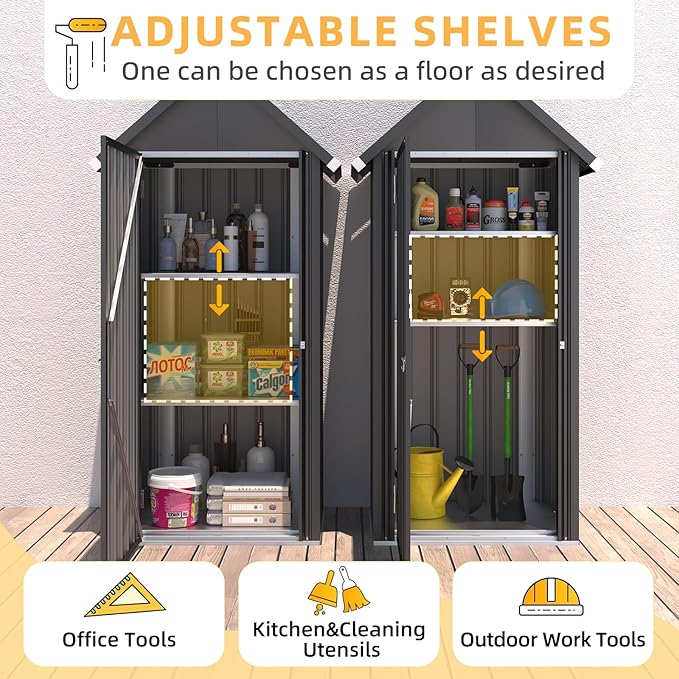 AECOJOY Outdoor Storage Cabinet Waterproof, Vertical Tall Outdoor Storage Cabinet with Shelves, All Weather Metal Vertical Storage Shed & Outdoor Cabient for Garden in Dark Grey