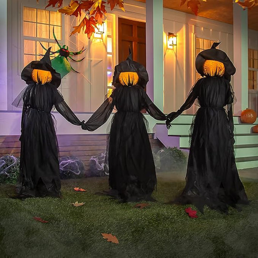 Evergreen Set of 3 LED Black Halloween Witches with Hats Stakes | 4 Feet Tall | Weatherproof Battery Operated | Spooky Garden Statue Outdoor Decoration Grass Lawn or Patio