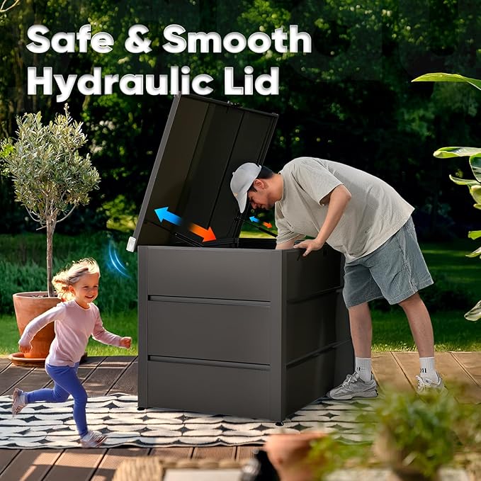 Quictent Metal Deck Box 150 Gallon Outdoor with Hydraulic Lid, Easy Assemble Waterproof Weather-Resistant Storage Bin, 660LBS Capacity for Patio/Garden/Poolside, Grey