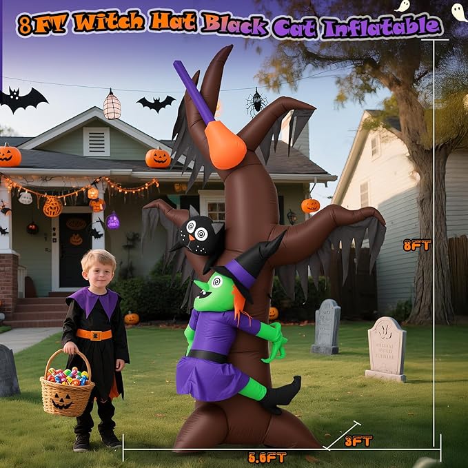 8FT Halloween Inflatables Witch Climbing Dead Tree with Cat & Broomstick, Large Blow Up Yard Decorations, Self-Inflating Spooky Outdoor Halloween Inflatable for Parties, Garden, Lawn