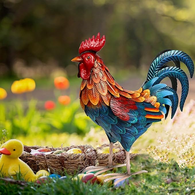 Shorayn Metal Rooster Statues Outdoor Garden Decor Metal Chicken Sculptures & Statues Chicken Ornaments Yard Art for Backyard Patio Lawn Decorations