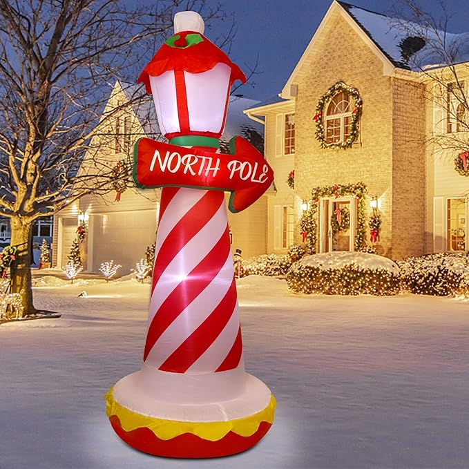 Juegoal 6 FT Christmas Inflatables Outdoor Decorations, Inflatable Xmas Lighthouse, Lighted Blow Up North Pole Sign with Built in LED Lights, Light Up Holiday Winter Lawn Yard Garden Decor