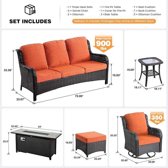 ovios 10 Pieces Patio Furniture Set, Outdoor Wicker Sofa Couch with Swivel Chairs 54" Fire Pit Table, High Back All Weather Modern Conversation Sets, Brown Rattan, Orange Red