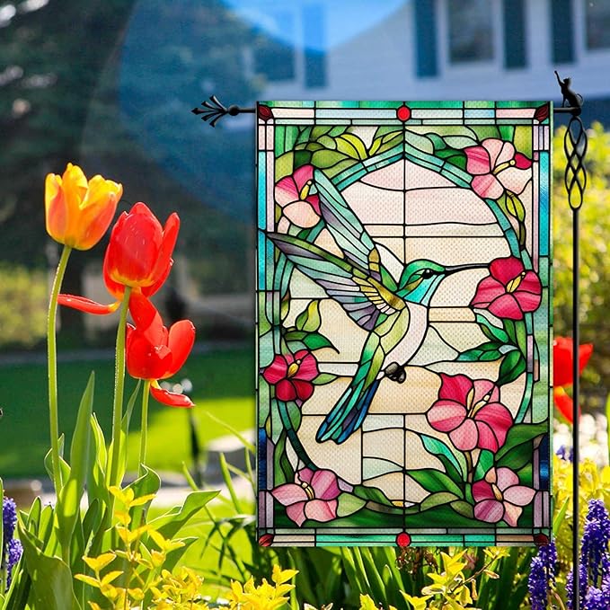 Spring Summer Hummingbird Garden Flag Stained Glass Style Garden Flag Vertical Double Sided Rustic Farmland Burlap Yard Lawn Outdoor Decor 12.5x18"