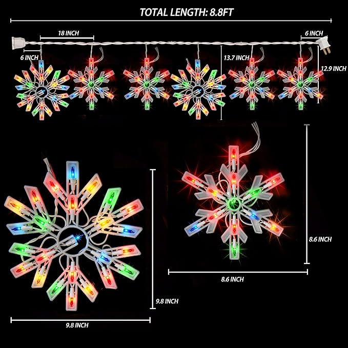 Dazzle Bright Christmas Snowflake Lights Outdoor,100 Count 8.5FT Connectable Waterproof Christmas Icicle Lights with 6 Drops Plug in for Indoor Xmas Yard Home Decorations (Multi-Colored)