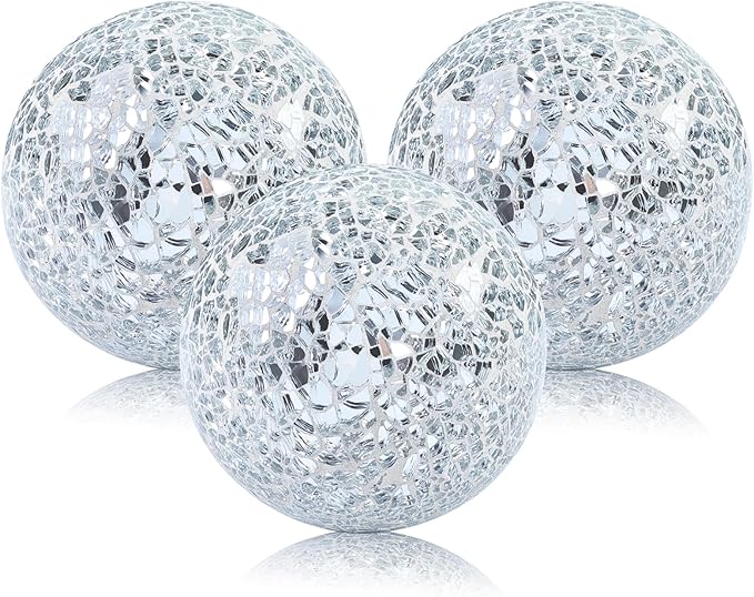 Mosaic Glass Balls 3.35 Inch Decorative Orbs Ball Decor Crack Solid Sphere Mirror for centerpieces Table Bowl Home Christmas Ornaments Silver Set of 3