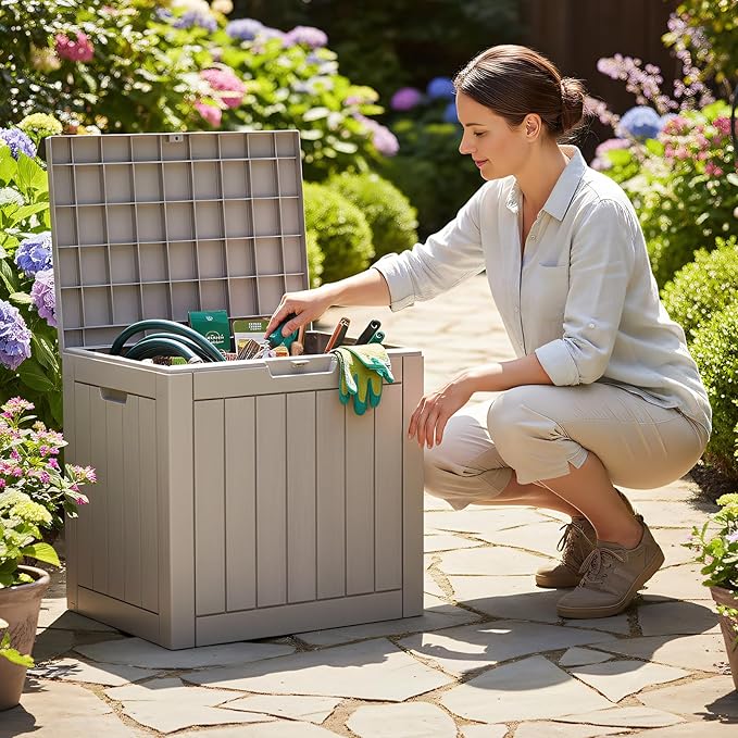 31 Gallon Deck Box, Small Outdoor Storage Box Waterproof, UV-Resistant and Weatherproof Outside Resin Storage Bin for Outdoor Patio Furniture Pillows, Pool Supplies, Garden Tools, Light Brown
