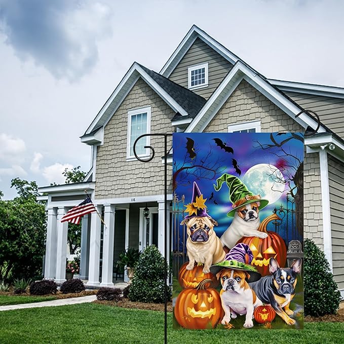 Double Sided 12x18 Inch Halloween Garden Flag, Scary Pumpkin Pug Bat Haunted House Outdoor Decoration, Halloween Trick or Treat Dog Garden Flag for Outdoor Yard Lawn Decoration