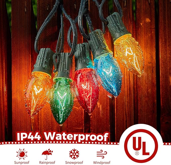 Minetom C9 Multicolor Christmas String Lights, 25FT 25 Blubs Bright & Warm Outdoor Christmas Lights, Long Life C9 String Lights for Tree Patio Gazebo Wreath, Multicolor Green Wire