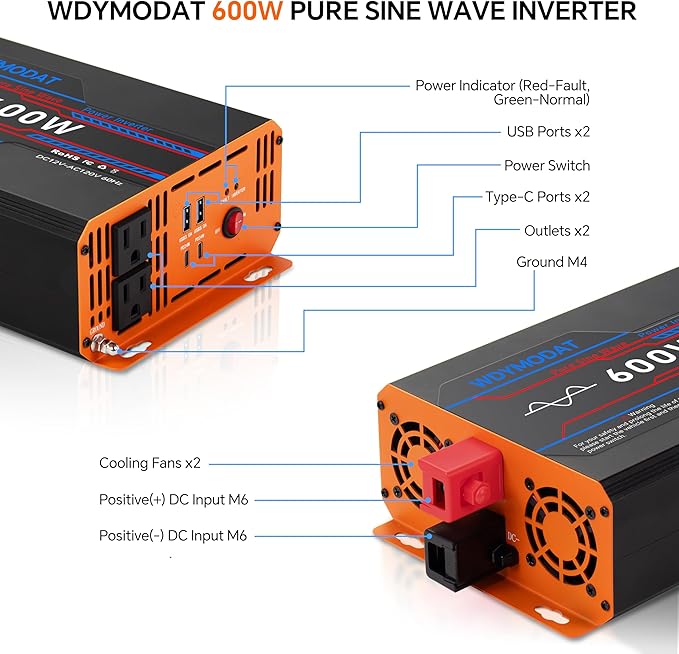 600W Pure Sine Wave Inverter, Car Power Inverter 12V to 110V, DC to AC Converter Generator with AC Outlets 3.0A USB Type-C, Remote Controller Truck Inversor for Vehicles, Car, RV, Camping