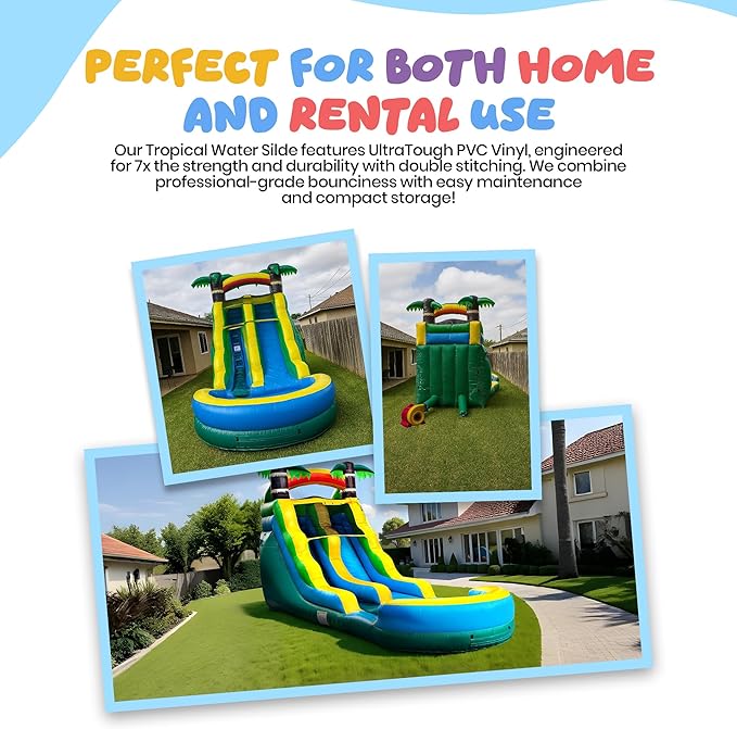 Inflatable Water Slide for Kids and Adults with Splash Pool, Commercial Grade Tropical Backyard Water Park with Slide, Outdoor Fun, Works with Water or Dry Play, 26ft x 9ft x 16ft - with Blower