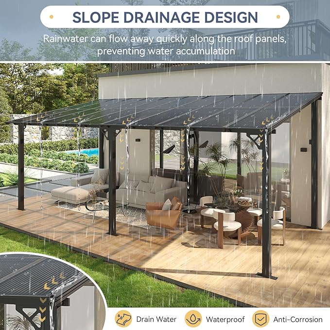 10x20FT Lean to Gazebo, Hardtop Metal Pergola with Polycarbonate Roof, Large Wall Mounted Heavy Duty Awnings, Patio Canopy for Backyard, Deck, Porch