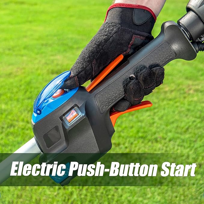 LawnMaster 25cc 2-Cycle Gas String Trimmer with No-Pull Electric Start 17-Inch Cutting Swath Multi-Attachment System 420mL Fuel Tank Lightweight Curved Shaft Design