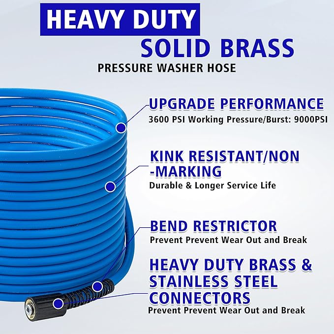 Upgrade Pressure Washer Hose – 1/4" X 50 FT Power Washer Extension Hose – Kink & Wear Resistant High Pressure Hose for Replacement – Compatible with M22 Fittings Stainless Steel– 3600PSI