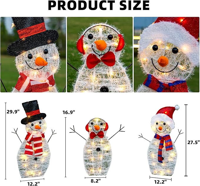 HOURLEEY Christmas Decoration 55 L Lighted Snowman Family Outdoor, 3-Piece Waterproof Plug in 2D Snowman for Yard Patio Lawn Garden Party Decor 20.5X9X29.5Inch-Large (Warm White)