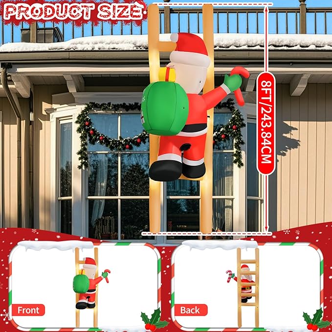 2025 Christamas Inflatable Santa 8FT Climbing Santa Claus with Gift Bag Inflatables Christamas Outdoor Decoration Xmas Santa Blow Up Decor with Built-in 9 LEDs for Holiday Party Yard Garden Lawn