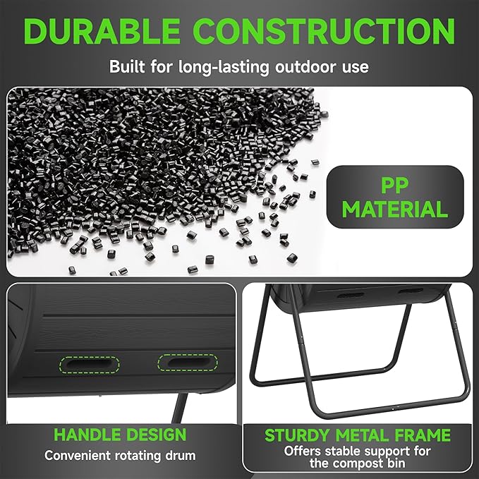 Dual Chamber Tumbling Composter 43 Gallon Large Outdoor Tumbling Composter Efficient Batch Composting Easy Turn Design (Black)