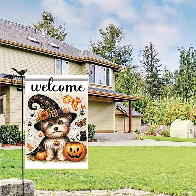Halloween Garden Flag Yorkshire Terrier Flag 12x18 Inch Welcome Dog Pumpkin Yard Banner Double Sided Outdoor House Decor with Ghosts Black Cat for Fall Lawn Holiday Seasonal Decoration