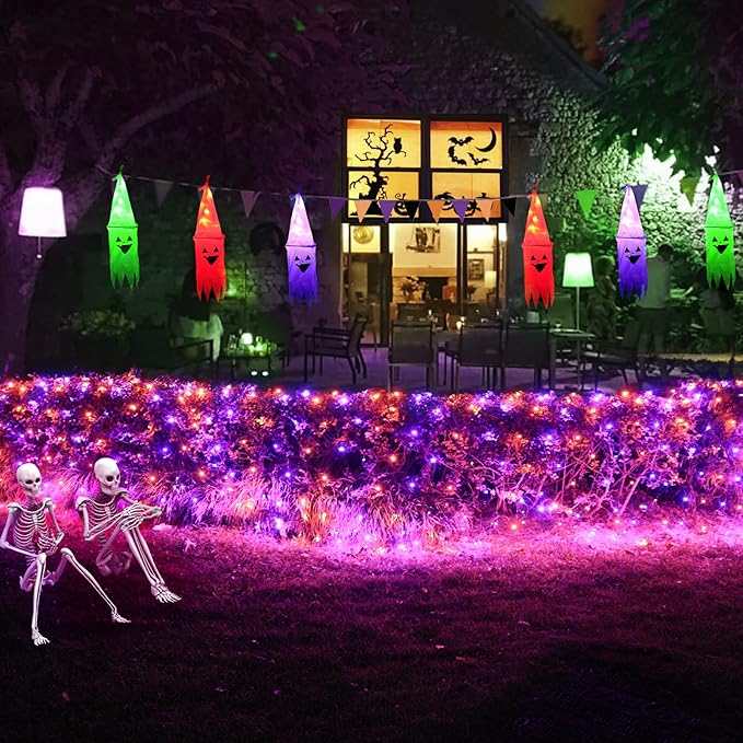 Pooqla 360 LED Halloween Net Lights Outdoor, 21 ft x 5 ft Connectable Mesh String Lights 8 Modes Waterproof Plug in for Halloween Decoration Bushes Yard Garden Party, Orange and Purple