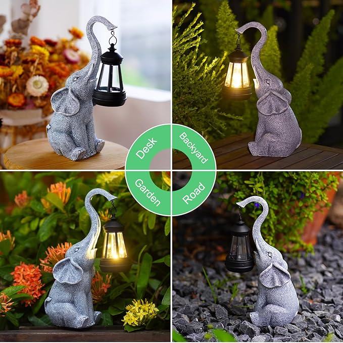 Garden Statues Elephant with Solar Lantern Outdoor Figurines Decorations for Patio Yard Lawn Ornaments Gifts for Birthday Mom Housewarming(Gray)