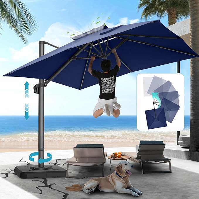 HOTIME10x10ft Patio Umbrella Cantilever Umbrella Double Top - Upgrade and Intensify - 360 Rotation and 5 Angles Adjustment - Aluminum Offset Pool Umbrella Outdoor Umbrellas for Patio Garden Deck Pool
