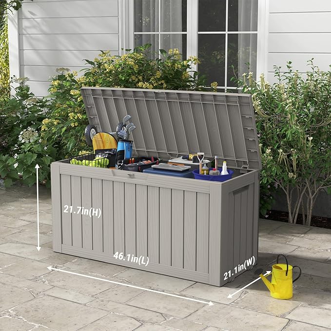 Mars Villa Deck Box, Waterproof Weatherproof and UV Resistant Resin Storage Bin with Lockable Lid, Ideal for, Outdoor, Patio Furniture Cushions, Pool Supplies, Garden Tools (72 Gallon, Light Brown)
