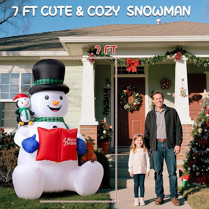 Dawdix 7 FT Christmas Inflatable Snowman Outdoor Decorations, Blow up Snowman Yard Decor Built-in LEDs, Penguin & Reindeer Christmas Decoration, Xmas Holiday Decoration for Indoor Outdoor Garden Lawn
