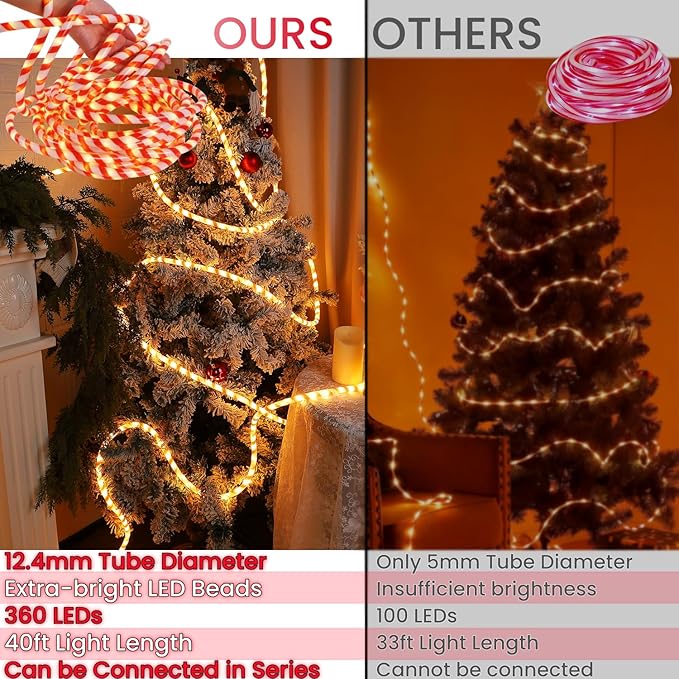 360 LED Christmas Lights, 40 FT Candy Cane Rope Lights, Waterproof Xmas Tree Light, Connectable Tube Light Plug in for Indoor Outdoor Garden Yard Holiday Wedding Festival Party Decoration