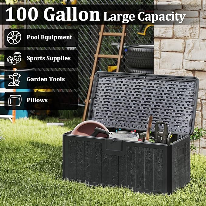 Tangkula 100 Gallon Outdoor Storage Box, Resin Outdoor Storage Bench with Lockable Lid, Waterproof Deck Box for Garden Tools, Pool Accessories, Cushions