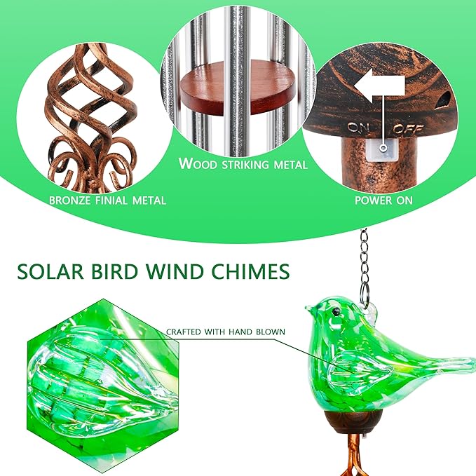 Wind Chimes, Solar Glass Bird Shape, LED, Outdoor Lawn and Patio Glass and Metal Decoration, 7 x 4 x 44 Inch (Green)