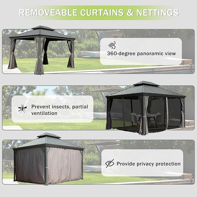 Domi 10x14FT Outdoor Gazebo, Hardtop Gazebo with Galvanized Steel Double Roof, Metal Gazebos with Drainage System Patio Pergola for Patio Deck Backyard,Curtain and Netting,Gray
