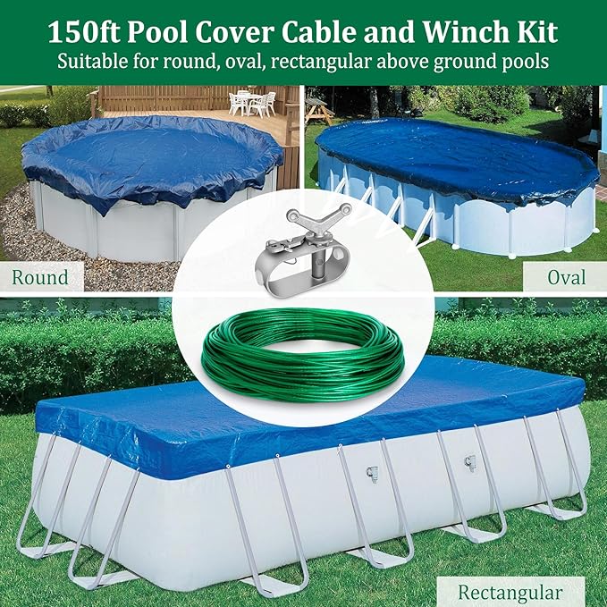 Belleone Swimming Pool Cover Cable and Winch Kit - 150ft Plastic-Coated Steel Pool Cover Wire & Aluminum Spring Loaded Pool Cover Ratchet for Above Ground Swimming Pool Winter Safe (Green)