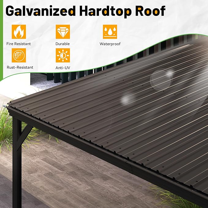 8x8FT Lean to Gazebo, Outdoor Hardtop Wall Mounted Gazebo with Gutter & Sloping Galvanized Steel Roof, Metal Hard Top Awnings for Deck, Porch, Backyard- Brown