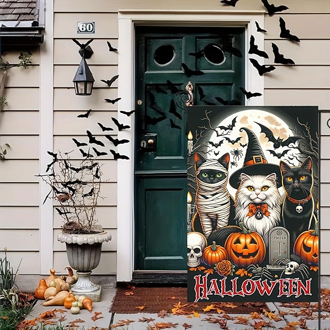 Halloween Garden Flag Double Sided 12x18 - Black Cat Spooky Themed Wall Art With Witch, Mummy, and Cats - Halloween Party Home Decoration and Seasonal Gifts - Lawn Yard Outdoor