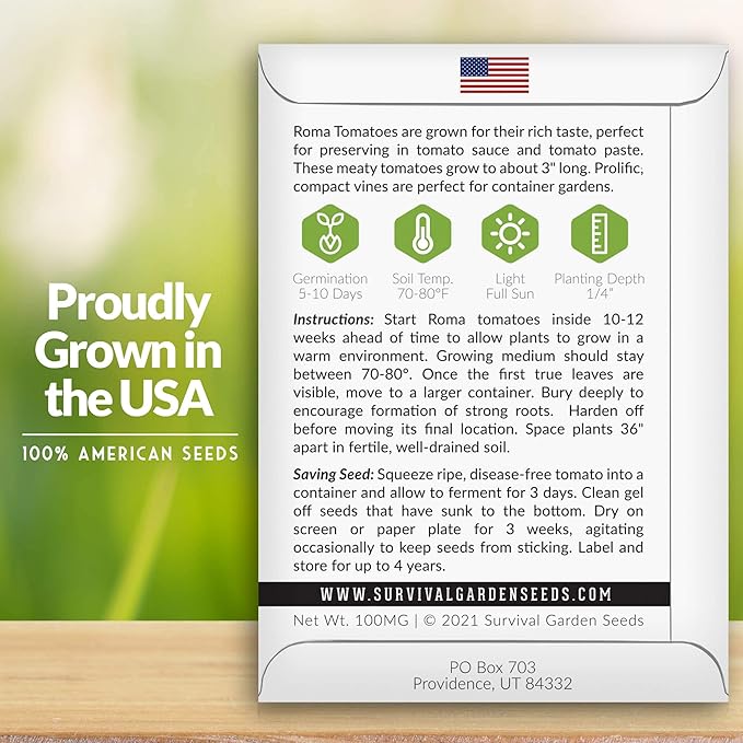 Survival Garden Seeds - Roma Tomato Seed for Planting - 5 Packs with Instructions to Plant and Grow Italian Roma Tomatoes in Your Home Vegetable Garden - Canning Favorite - Non-GMO Heirloom Variety