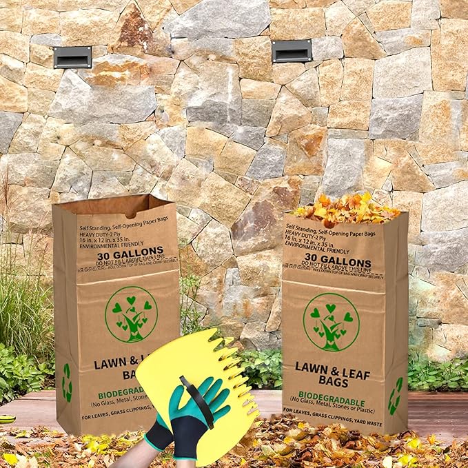 10 Count 30 Gallon Lawn and Leaf Bags with Gardening Gloves, 2-Ply Heavy Duty Large Kraft Paper Bags | Tear Resistant Yard Waste Bag for Grass Clippings, Wet and Dry Leaves, Weeds, and Twigs