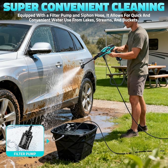 Cordless Pressure Washer, 800PSI Brushless Power Washer with 2 x 4.0Ah Battery, 17FT High Elastic Hose, 6-in-1 Nozzle and Storage Handbag, 3 Power Level Portable Pressure Washer for Home, Car, Garden